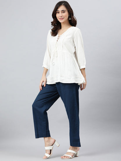Janasya Women's White Rayon Solid Flared Top