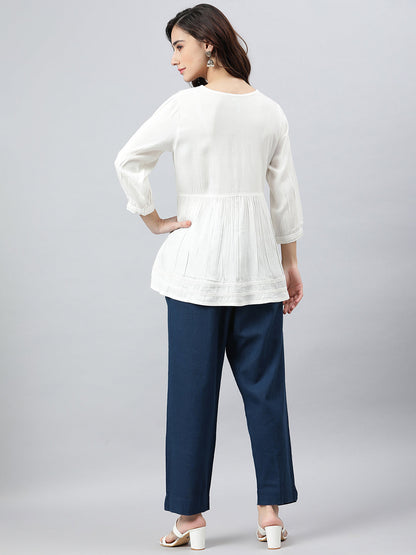Janasya Women's White Rayon Solid Flared Top