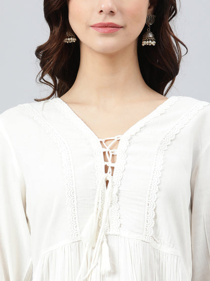 Janasya Women's White Rayon Solid Flared Top