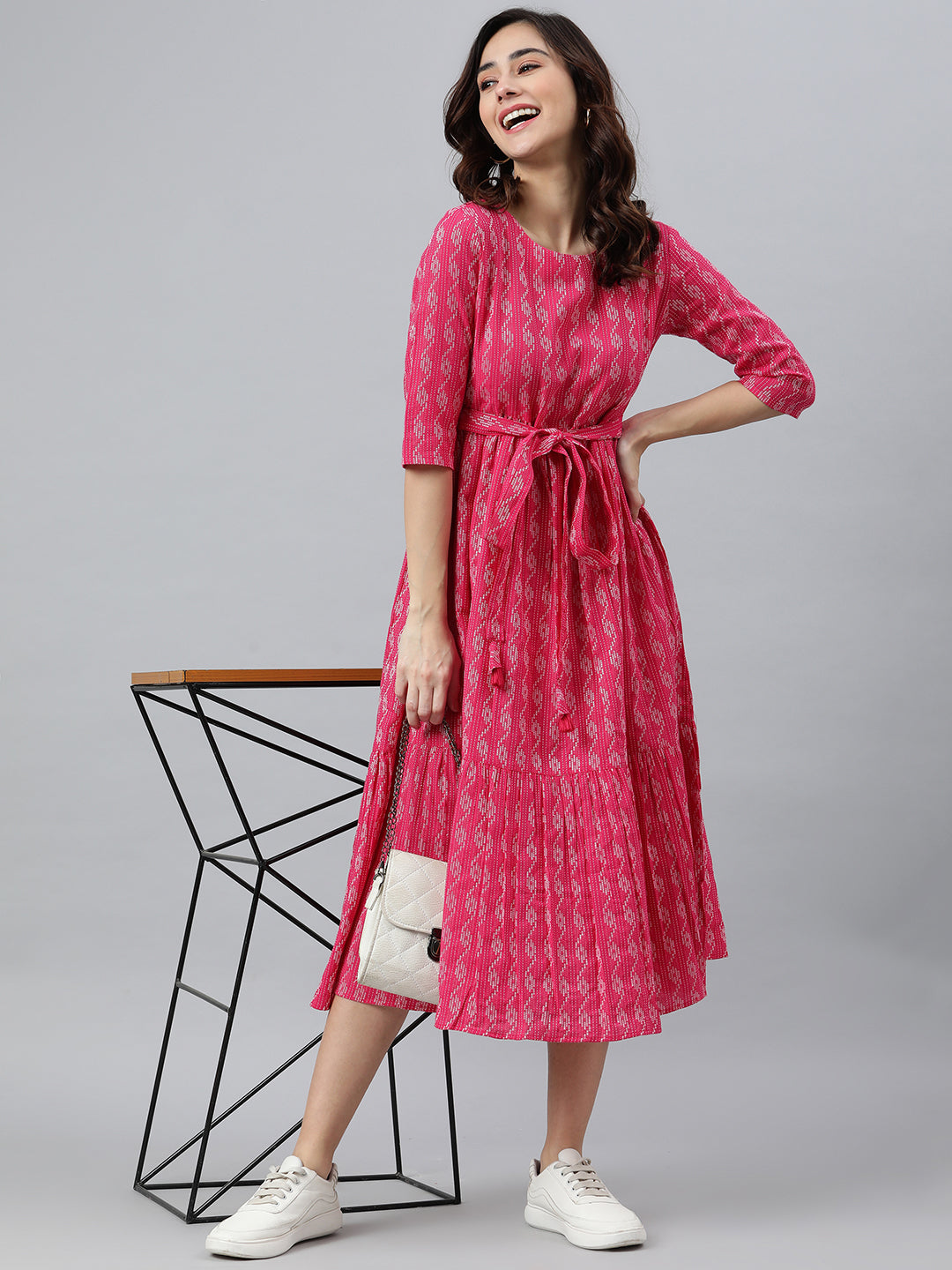 Janasya Women's Pink Cotton Woven Design Tiered Western Dress