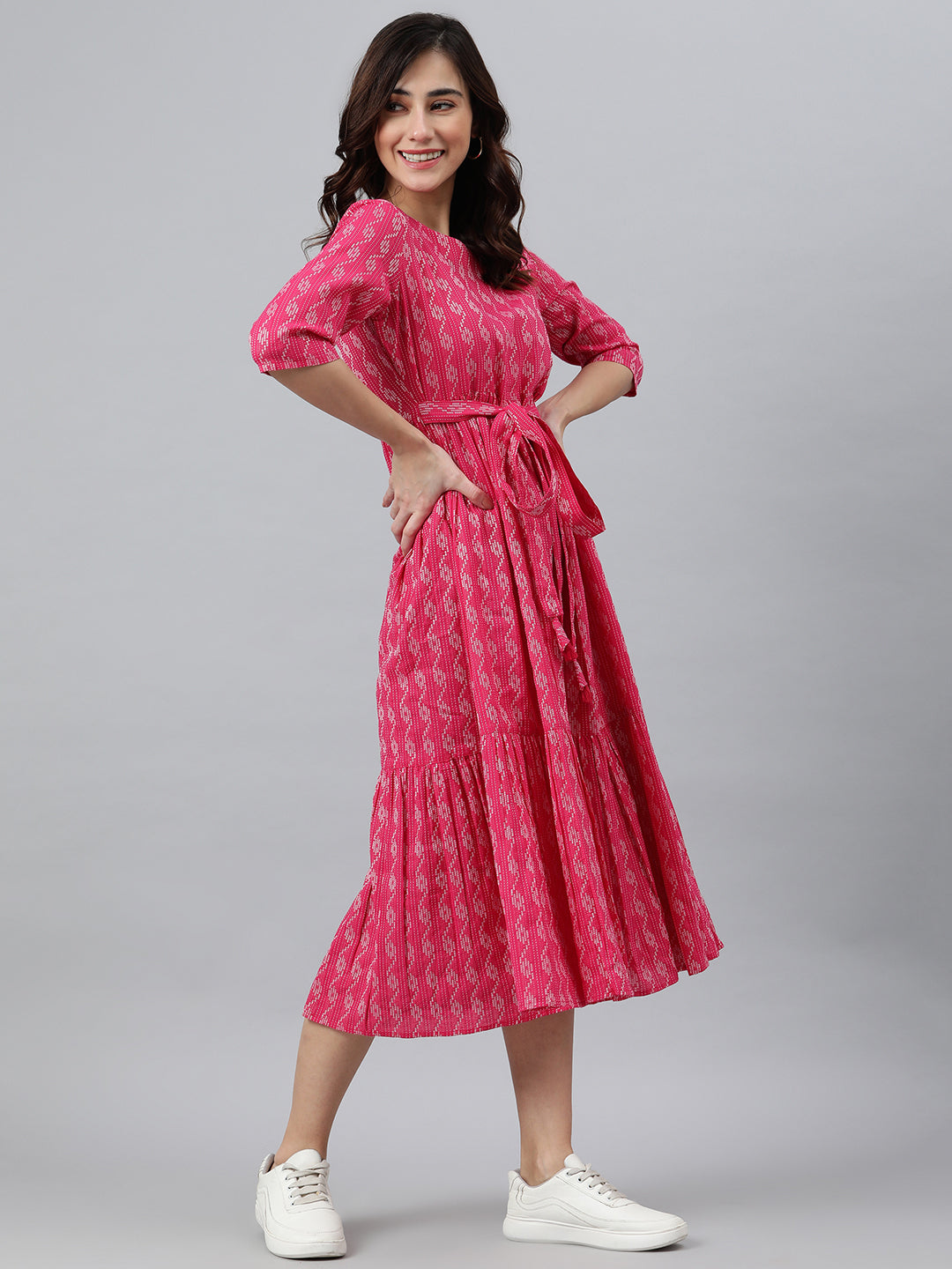 Janasya Women's Pink Cotton Woven Design Tiered Western Dress