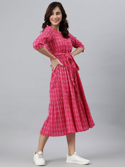 Janasya Women's Pink Cotton Woven Design Tiered Western Dress
