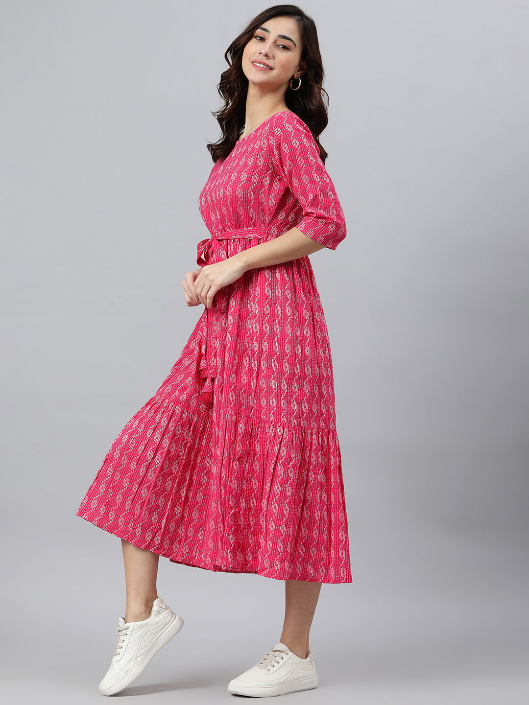 Janasya Women's Pink Cotton Woven Design Tiered Western Dress