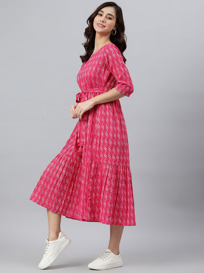 Janasya Women's Pink Cotton Woven Design Tiered Western Dress