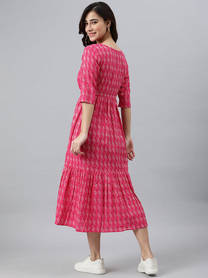 Janasya Women's Pink Cotton Woven Design Tiered Western Dress
