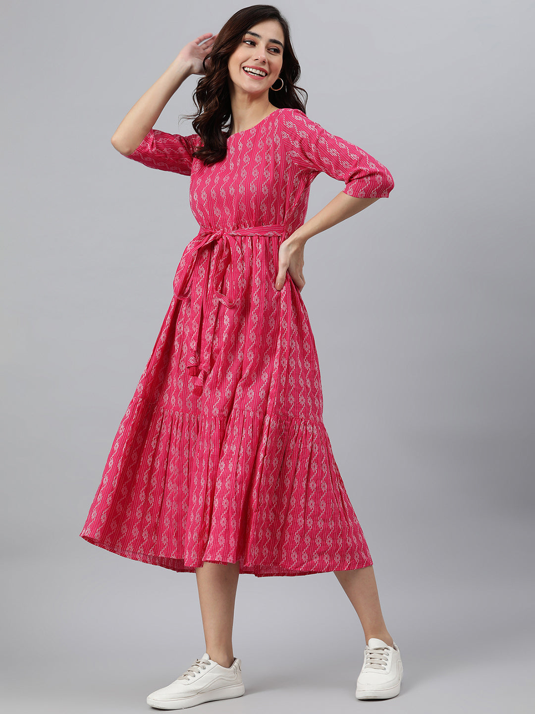 Janasya Women's Pink Cotton Woven Design Tiered Western Dress
