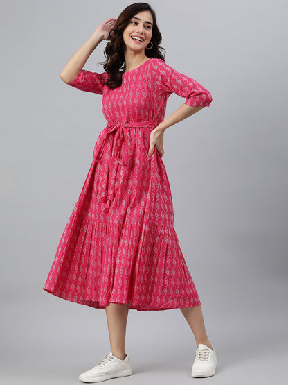 Janasya Women's Pink Cotton Woven Design Tiered Western Dress