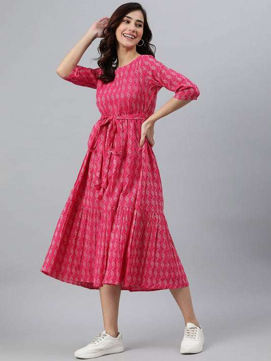 Janasya Women's Pink Cotton Woven Design Tiered Western Dress