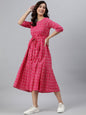 Janasya Women's Pink Cotton Woven Design Tiered Western Dress