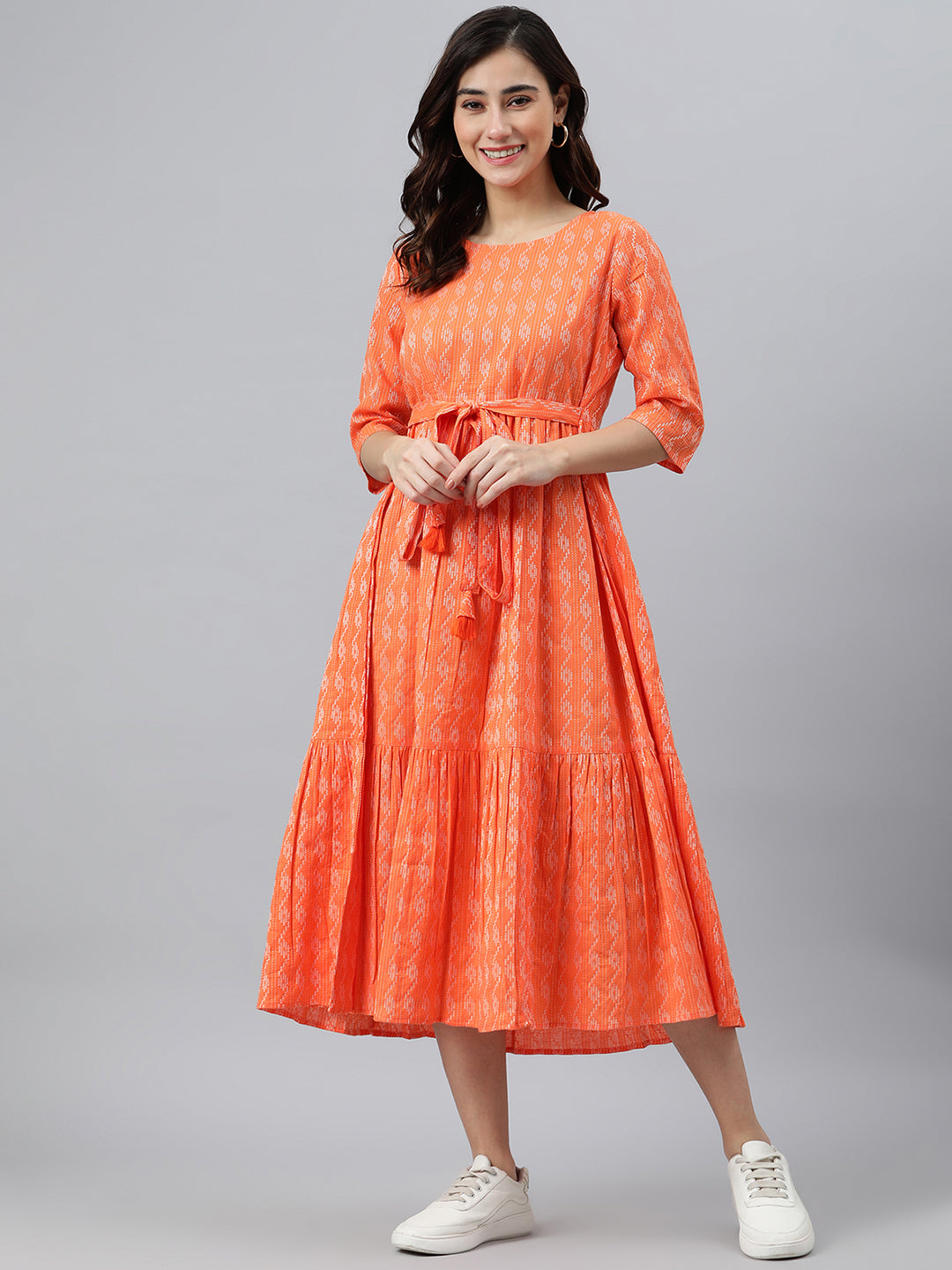 Janasya Women's Orange Cotton Woven Design Tiered Western Dress