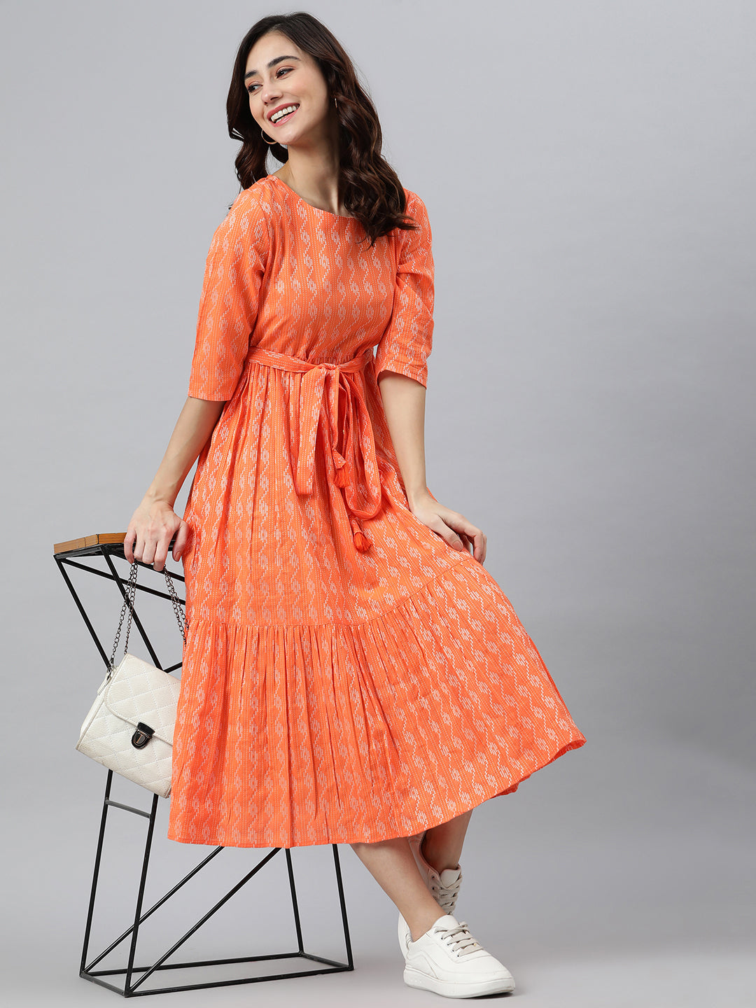 Janasya Women's Orange Cotton Woven Design Tiered Western Dress