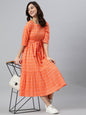Janasya Women's Orange Cotton Woven Design Tiered Western Dress