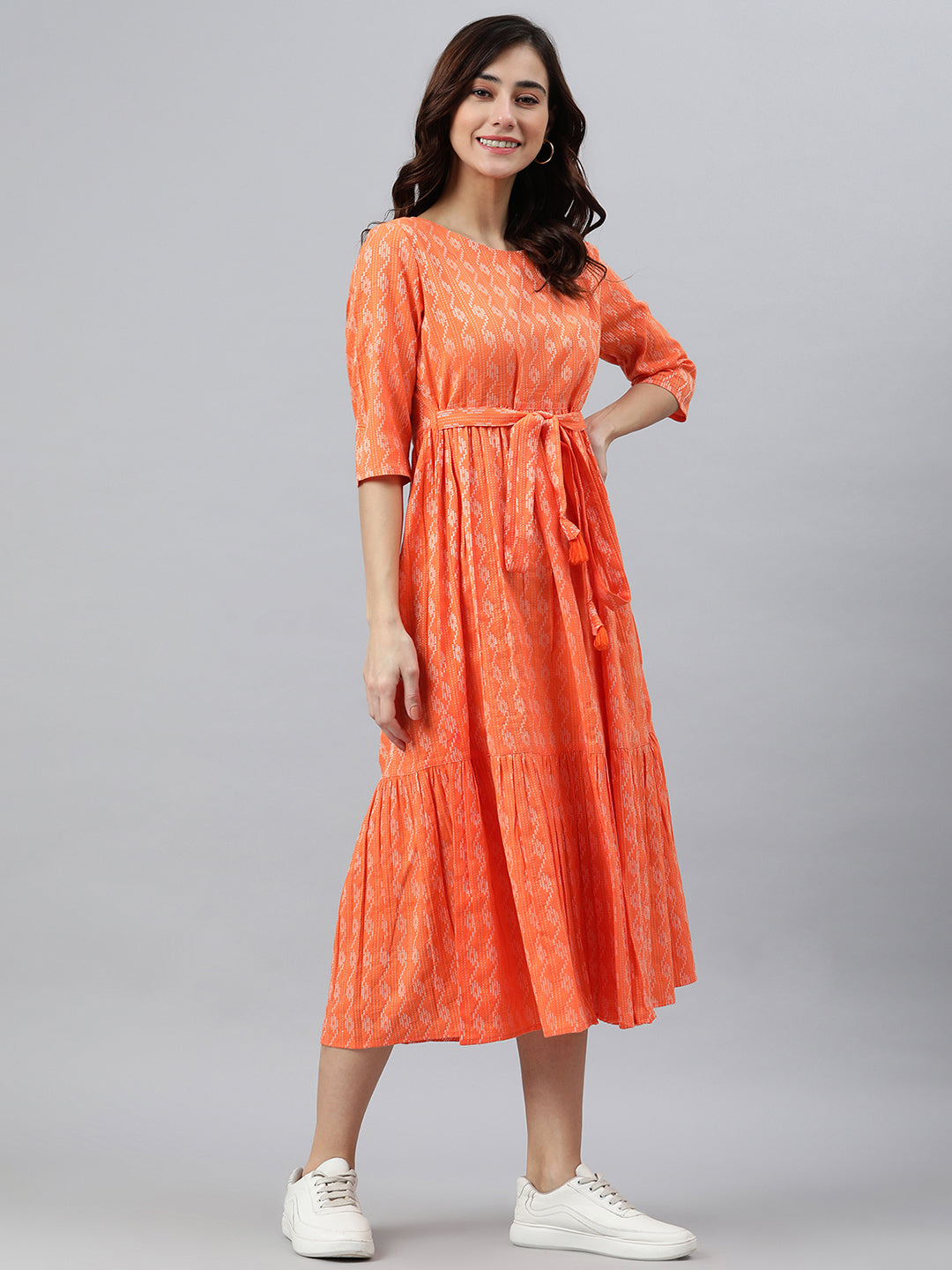 Janasya Women's Orange Cotton Woven Design Tiered Western Dress