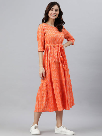 Janasya Women's Orange Cotton Woven Design Tiered Western Dress