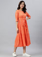 Janasya Women's Orange Cotton Woven Design Tiered Western Dress