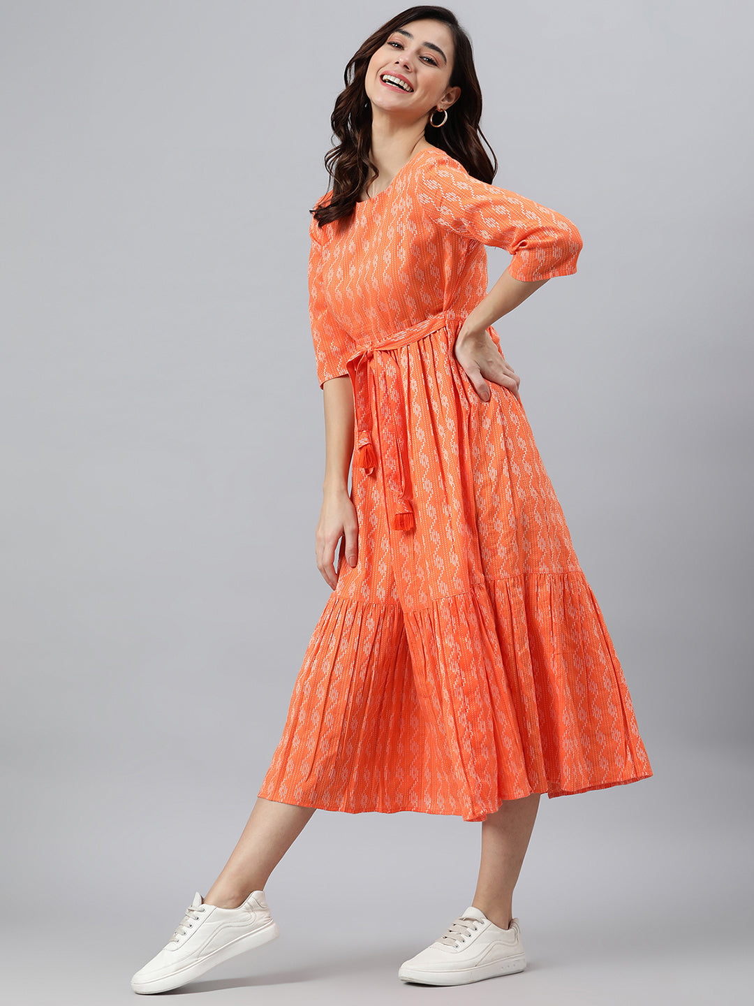 Janasya Women's Orange Cotton Woven Design Tiered Western Dress