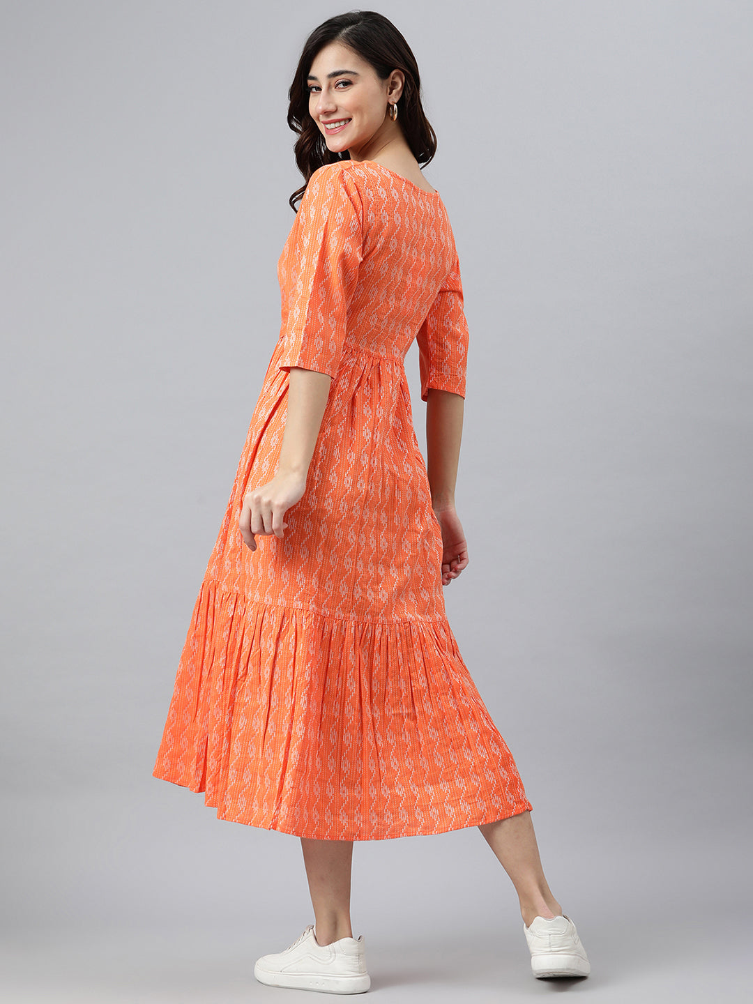Janasya Women's Orange Cotton Woven Design Tiered Western Dress