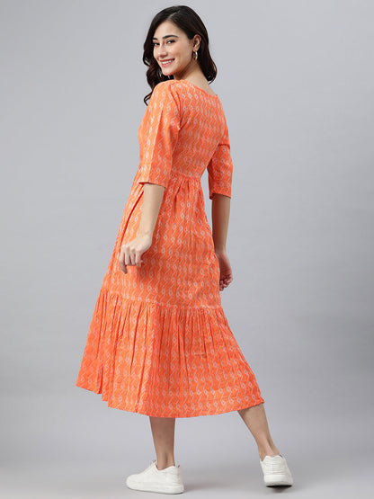 Janasya Women's Orange Cotton Woven Design Tiered Western Dress