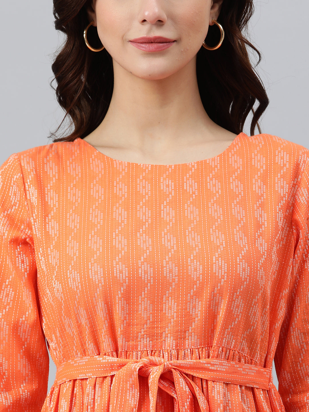 Janasya Women's Orange Cotton Woven Design Tiered Western Dress