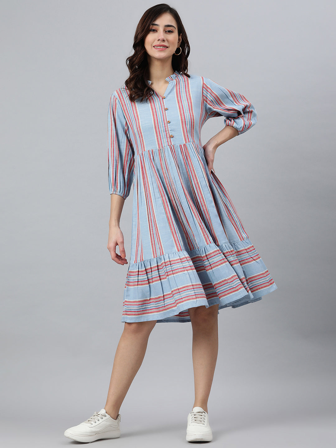 Janasya Women's Sky Blue Cotton Blend Striped Flared Western Dress