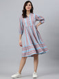 Janasya Women's Sky Blue Cotton Blend Striped Flared Western Dress