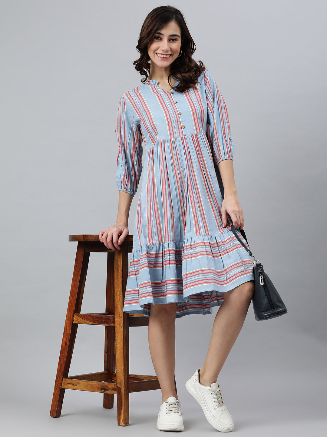 Janasya Women's Sky Blue Cotton Blend Striped Flared Western Dress