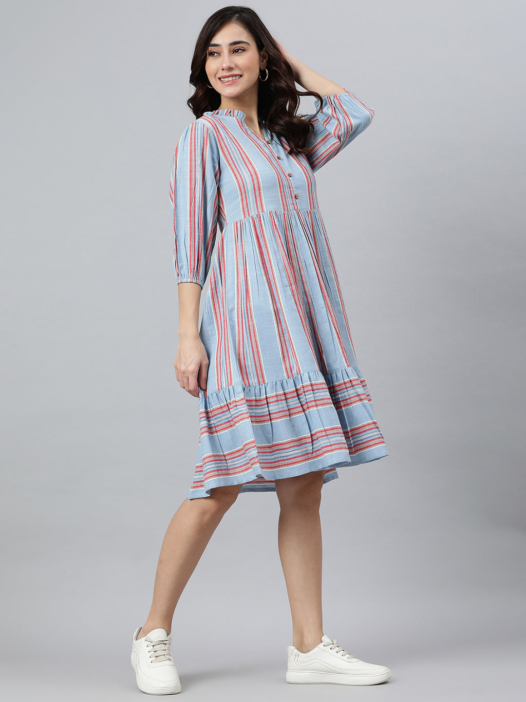 Janasya Women's Sky Blue Cotton Blend Striped Flared Western Dress