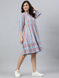 Janasya Women's Sky Blue Cotton Blend Striped Flared Western Dress