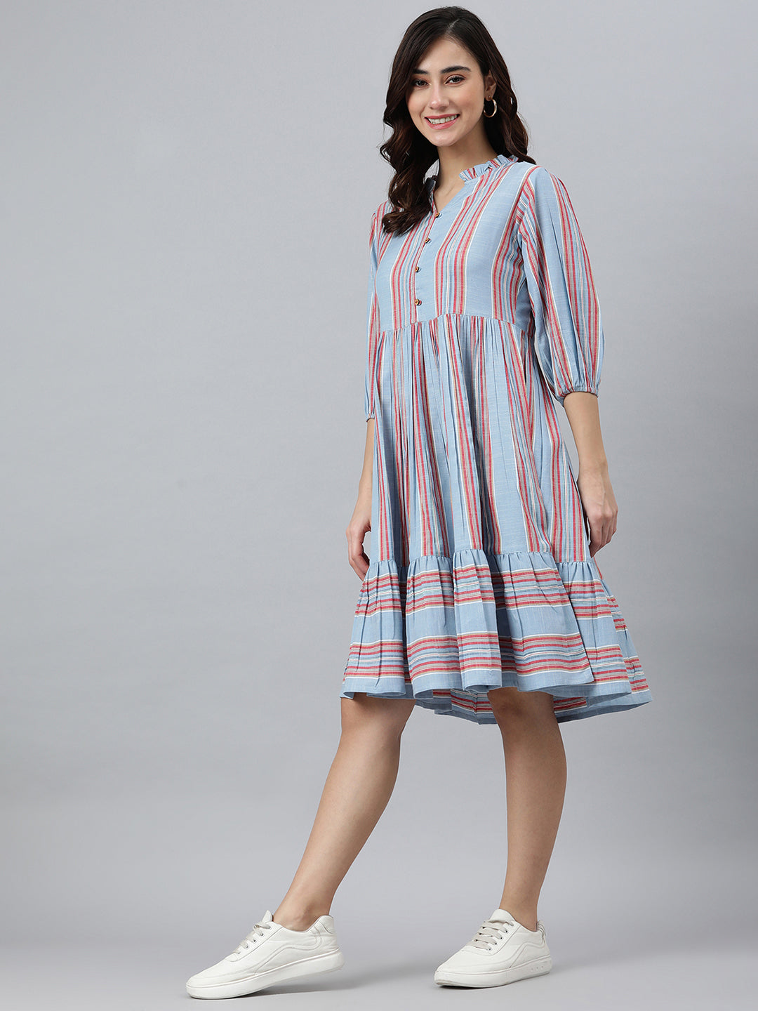 Janasya Women's Sky Blue Cotton Blend Striped Flared Western Dress