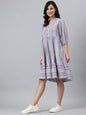 Janasya Women's Sky Blue Cotton Blend Striped Flared Western Dress