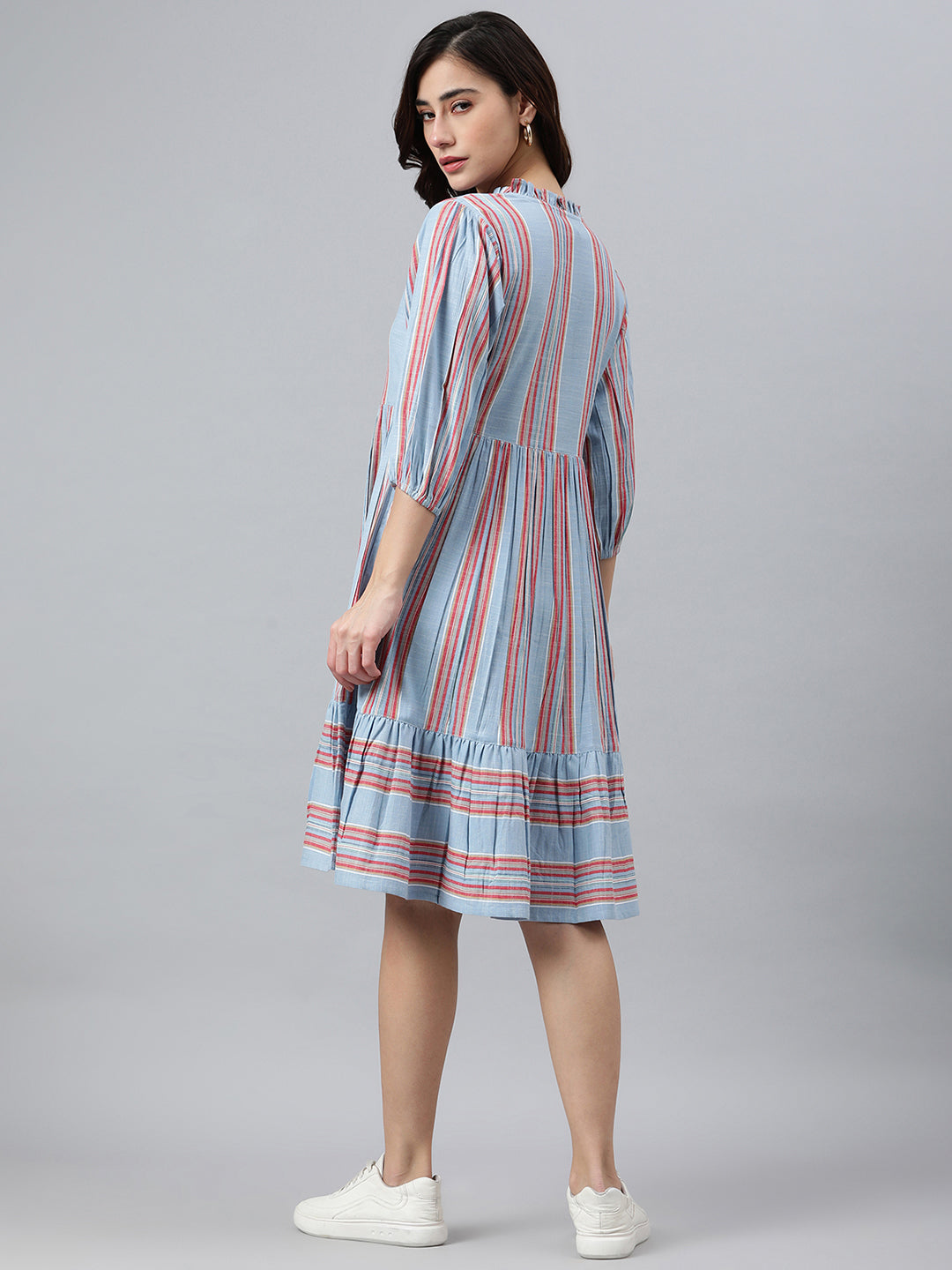 Janasya Women's Sky Blue Cotton Blend Striped Flared Western Dress