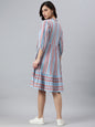 Janasya Women's Sky Blue Cotton Blend Striped Flared Western Dress