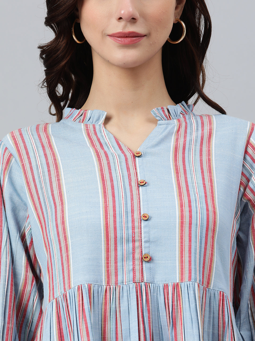 Janasya Women's Sky Blue Cotton Blend Striped Flared Western Dress