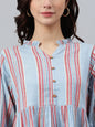 Janasya Women's Sky Blue Cotton Blend Striped Flared Western Dress