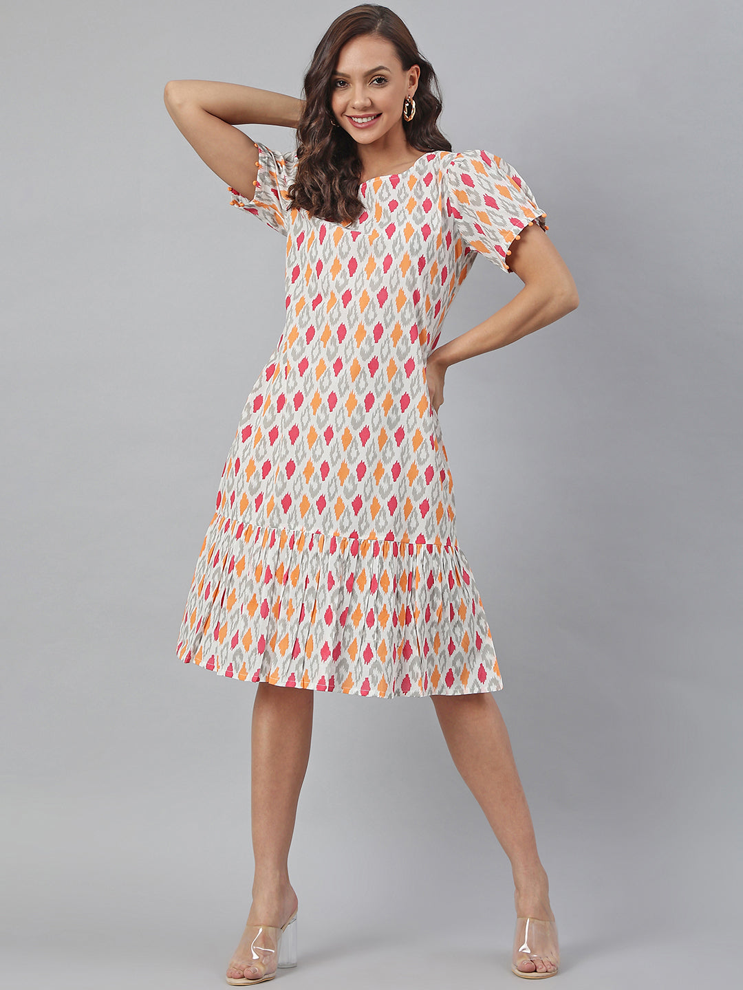 Janasya Women's Off White Cotton Printed A-line Western Dress
