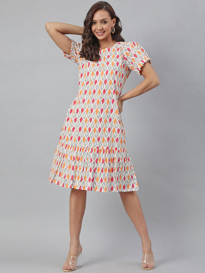 Janasya Women's Off White Cotton Printed A-line Western Dress
