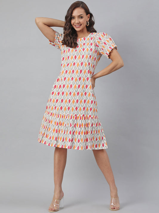 Janasya Women's Off White Cotton Printed A-line Western Dress