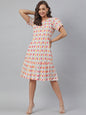 Janasya Women's Off White Cotton Printed A-line Western Dress