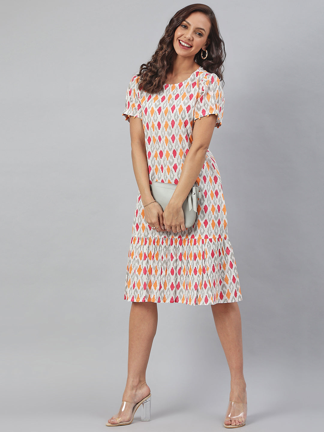 Janasya Women's Off White Cotton Printed A-line Western Dress