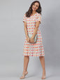 Janasya Women's Off White Cotton Printed A-line Western Dress