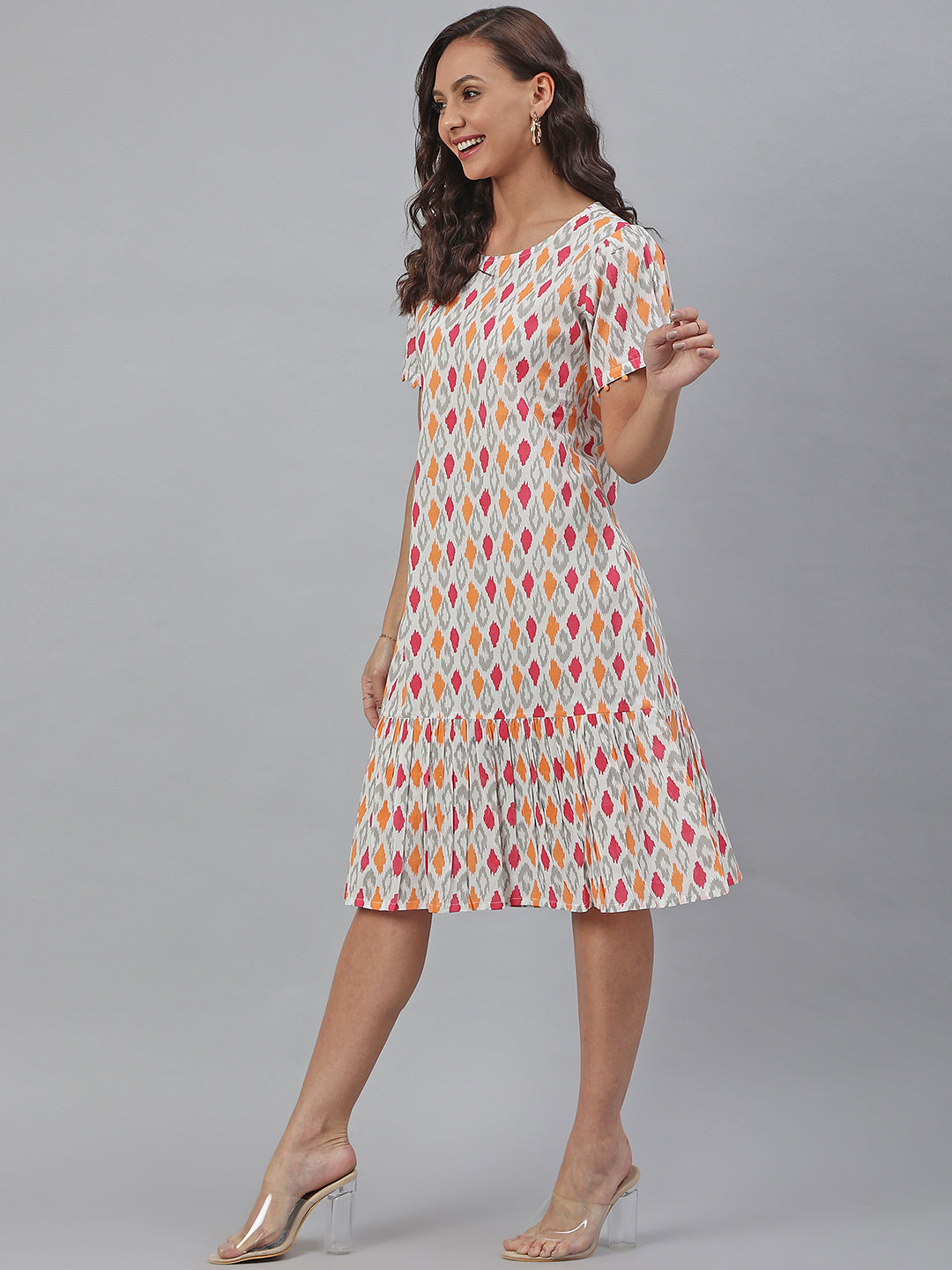 Janasya Women's Off White Cotton Printed A-line Western Dress
