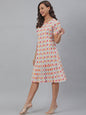 Janasya Women's Off White Cotton Printed A-line Western Dress