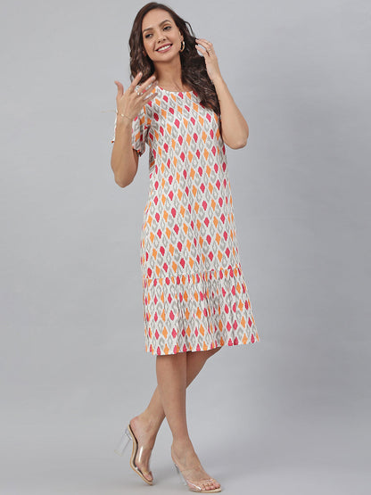 Janasya Women's Off White Cotton Printed A-line Western Dress