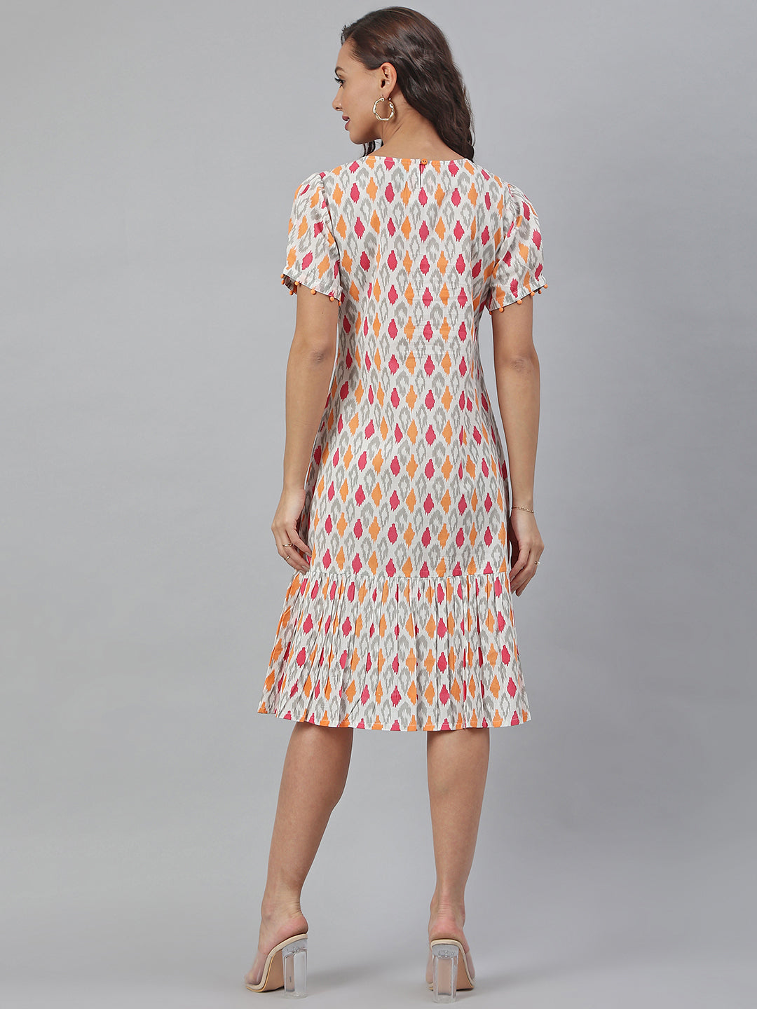 Janasya Women's Off White Cotton Printed A-line Western Dress