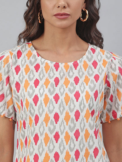 Janasya Women's Off White Cotton Printed A-line Western Dress