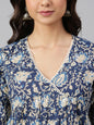 Janasya Navy Blue Cotton Floral Print Flared kurta