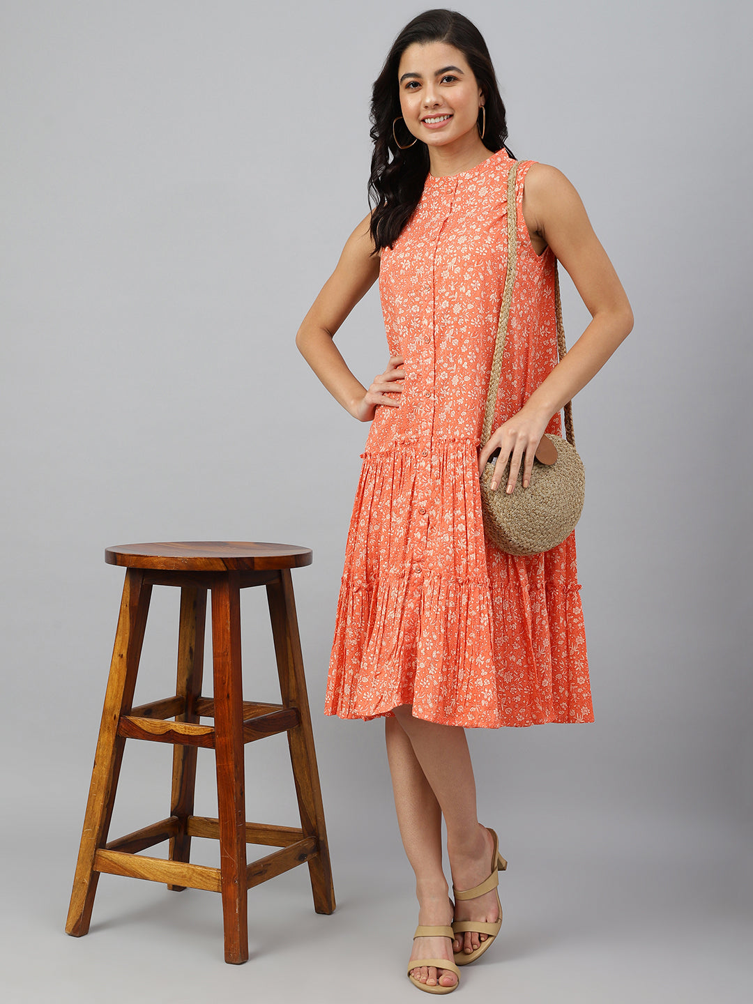 Janasya Women's Peach Cotton Floral Printed Flared Western Dress