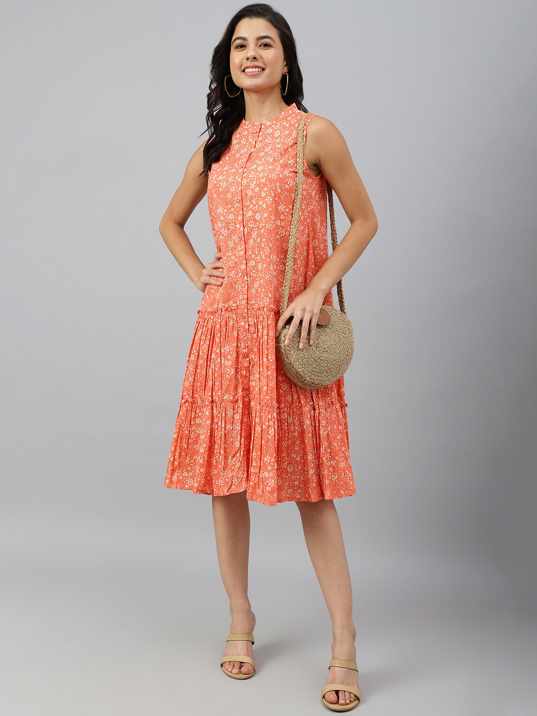 Janasya Women's Peach Cotton Floral Printed Flared Western Dress