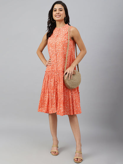 Janasya Women's Peach Cotton Floral Printed Flared Western Dress