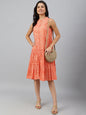 Janasya Women's Peach Cotton Floral Printed Flared Western Dress